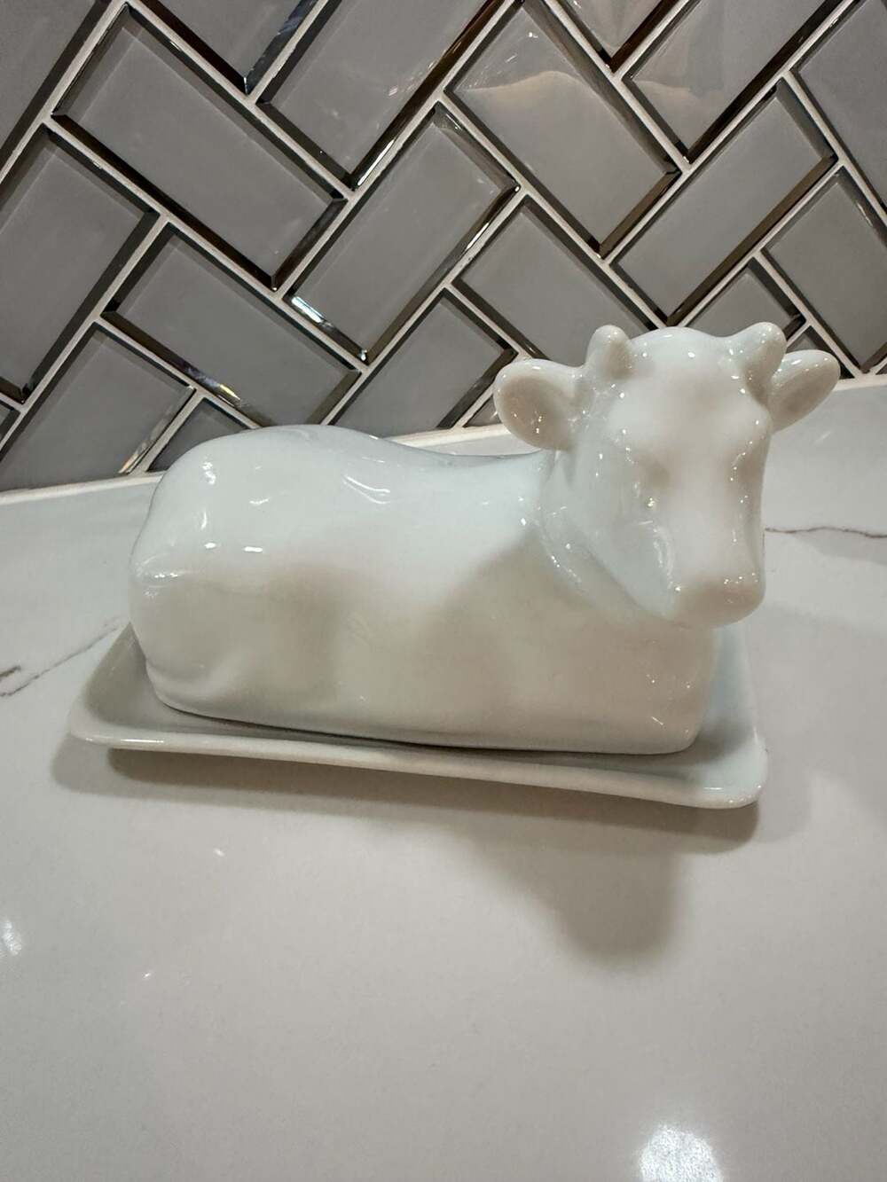 White Ceramic Cow Shaped Covered Butter Dish